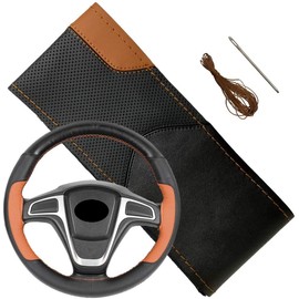 Steering Wheel Cover, Braid, Steering Cover, Leather, Genuine Leather, Normal Car, Light Car, M 14.6 inches (37 cm), 15.0 inches (38 cm) (Brown)