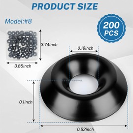 200 Qty #8/#10 Countersunk 304 Stainless Steel Washers for Screws and Bolts,Metal Cup Washer Set for Fastening, Ideal for Automotive, Construction, Industrial, and DIY Use (Black, #8)