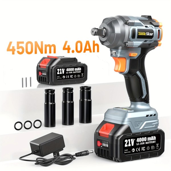 TaskStar 450N.m Torque Electric Cordless Impact Wrench 1/2" Brushless 4000mah