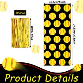 Outus 100 Pcs Softball Party Cellophane Bags Softball Candy Treat Bags Softball Theme Goody Gift Bags with 200 Twist Ties for Candy Snacks Cookies Birthday Party Favor Supplies(Transparent)