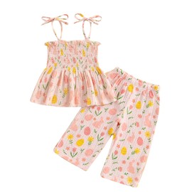 VISGOGO Easter Toddler Girl Outfit Sleeveless Smocked Strap Camisole Linen Pants Egg Easter Baby Girl Outfit Clothes (Pink, 4-5T)