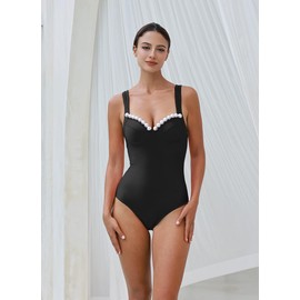 FLAXMAKER Black Double Shoulder Straps Chest Pearl One Piece Swimsuit and Skirt (US, Alpha, Large, Regular, Regular, Swimsuit and Skirt)
