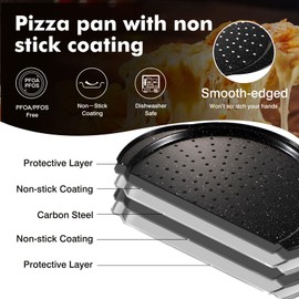 tchrules 2 Pack Pizza Pan 12 Inch with Holes&Handle, Non-Stick Carbon Steel Pizza Tray for Oven, Rust-Proof, Dishwasher-Safe, for Cooking, Baking, and Grilling (2, 12inch)