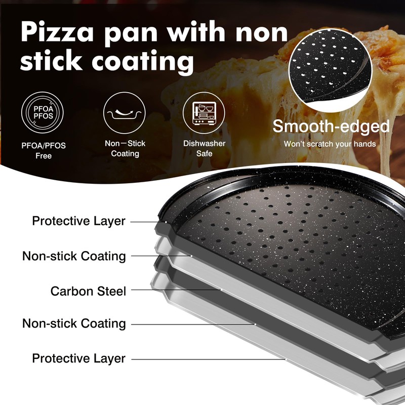 tchrules 2 Pack Pizza Pan 12 Inch with Holes&Handle, Non-Stick