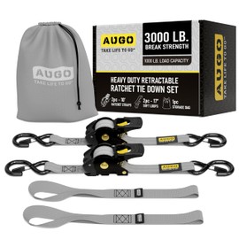 AUGO Retractable Ratchet Straps | 2 Heavy Duty Ratchet Straps Self Retractable Tie Down Straps with Soft Loops & Storage Bag for Motorcycle, Truck, Trailer, Cargo Van | 3000 Lb Break Strength 2” x 10’