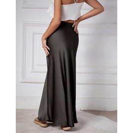 Women's Satin Flowy Skirt 2024 A Line Long Skirts High Waisted Pencil Skirt Silk Slip Skirts Black L