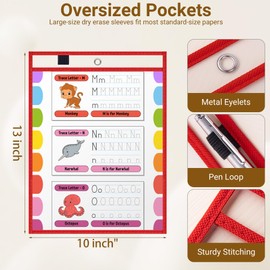 AKONEGE 5 Pack Oversized Dry Erase Pockets Sleeves - 10 x 13 Inch Ticket Holders Reusable Clear Plastic Sleeves Sheet Page Protectors for School Teacher Supplies & Classroom Organization, 5 Colors