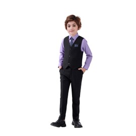 Boy's 5-Piece Suit, Boys' Formal Suit Set with Vest Pants and Tie, Boys Formal Dresswear Vest Set, Toddler Boy Vest Set Purple Shirt Size 5