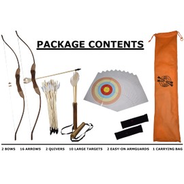 FSFF Enhanced Wooden Bow and Arrow for Kids 2-Bows 2-Four Arrow quivers 16-Arrows w/ Feathers 10-Large Targets & 2-armguards Great Archery Set for Youth boy / Girl Beginner Archery Set for Kids