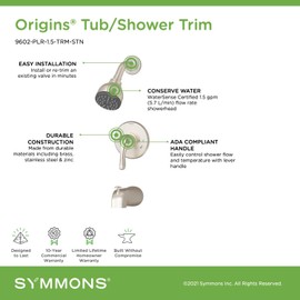 Symmons 9602-PLR-1.5-TRM-STN Origins Single Handle 1-Spray Tub and Shower Faucet Trim in Satin Nickel - 1.5 GPM (Valve Not Included)