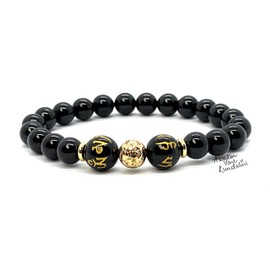Black Obsidian Mala Bracelet with Engraved Buddhist Mantra | 10mm Crystals | October-November Birthstone for Scorpio | Root Chakra Balancing (Wrist Size 8.5 Inches)