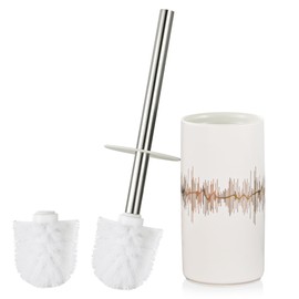 GERUIKE Toilet Brush Ceramic Toilet Brush with Standing Toilet Brush Holder Toilet Brush Set Includes 2 White Toilet Brush Heads and Toilet Brush Holder Made of Ceramic White and Gold