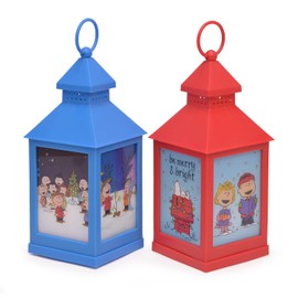 Peanuts Christmas Holiday Flamless LED Tabletop Lanterns, 9.5 Inch, Set of 2, Red and Blue