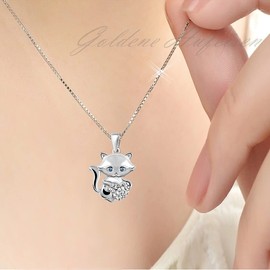 Goldene Hufeisen Pendant Necklace Cat Girl with Zirconia Stones Cat Pendant 38 cm Children's Chain 925 Silver, Cubic Zirconia Sterling Silver, Cubic Zirconia