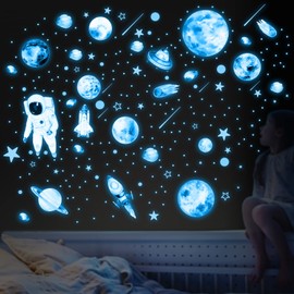 Yosemy Wall Sticker Luminous Sticker Astronaut Planet Luminous Stars Luminous Stickers Wall Sticker Luminous Stars Fluorescent Wall Sticker Sticker for Children's Room Decorative Stickers Blue