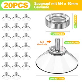 BondEron Pack of 20 Suction Cups 30 mm with M5 Thread (7 mm Length) Including Transparent Knurled Nuts, Suction Cups for Glass, Window, Bathroom, Attachment without Drilling