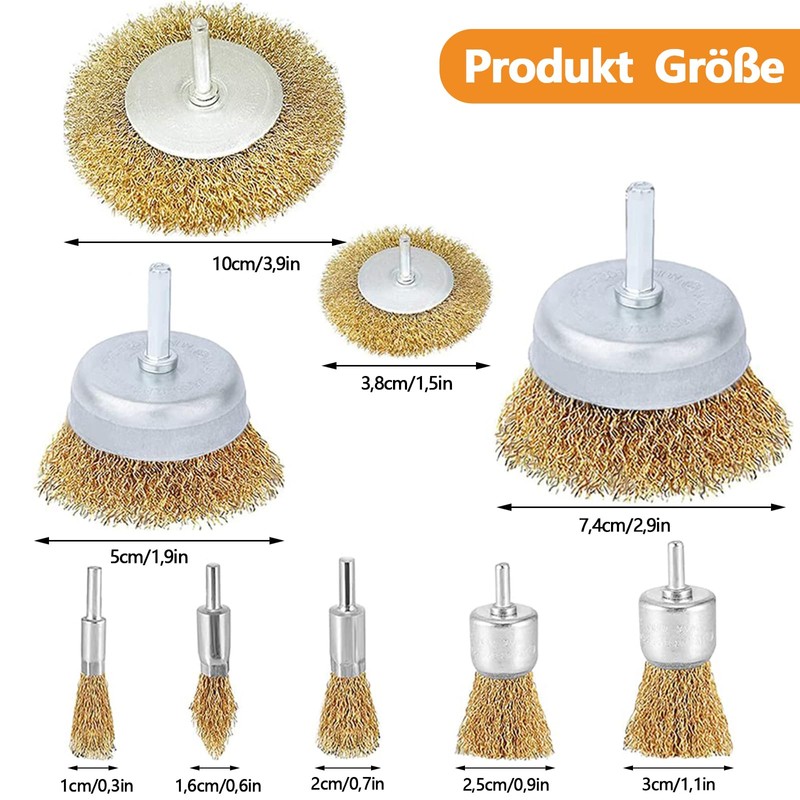 Wire Brush Set, 9 Pieces Steel Wire, Brass-Plated, Carbon Steel