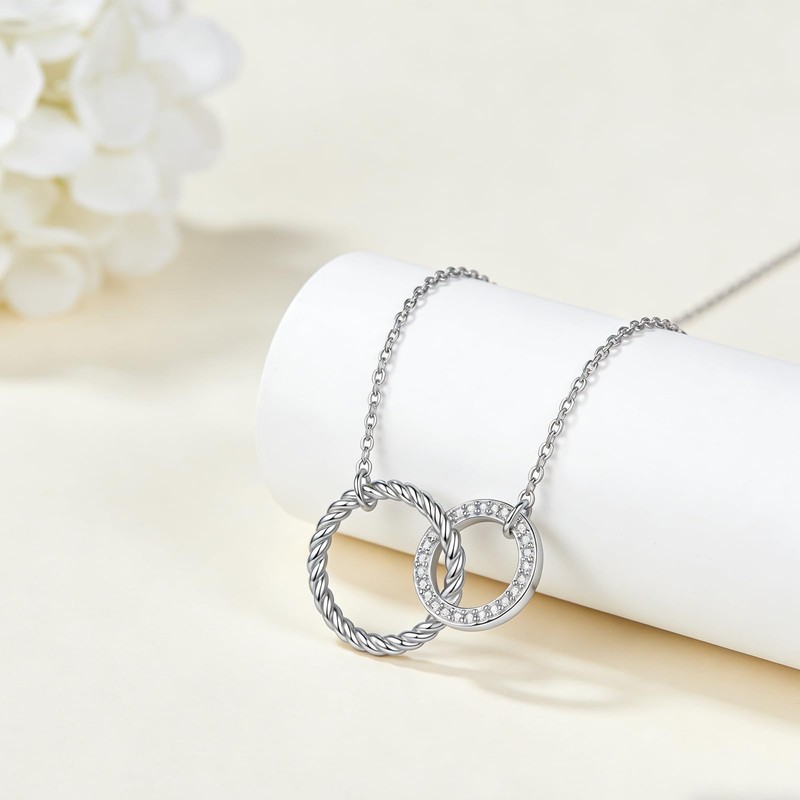 INURAN S925 Sterling Silver Two Interlocking Circles Necklace Moissanite Double