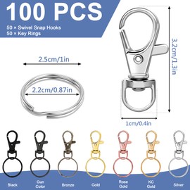 Augshy Pack of 100 Key Chain Clip Hooks and Key Rings, Twist Clasps, Lanyard Carabiner Hooks for Key Chains, Jewellery, DIY