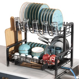 2 Tier Black Dish Drainer Drying Rack for Kitchen Counter, Large Stainless Steel Dishes Dryer with Drainboard, Space Saving, Big Rustproof Metal Modern Countertop Plates Strainer with Utensil Holder