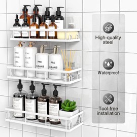 UUlioyer Shower Caddy, Shower Shelf No Drilling, Bathroom Accessory- Bath Storage for Shampoo (White-3 Pack)