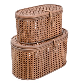 Modern Decorative Oval Woven Rattan Storage Boxes, Set of 2 Sizes, Dark Brown Finish