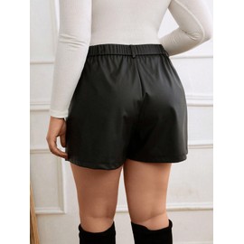 MakeMeChic Women's Plus Size PU Leather Shorts Loose Button Front High Waist Shorts Black 2XL