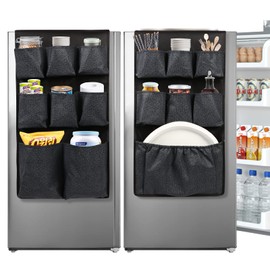 Lafulling Mini Fridge Caddy Organizer Storage Bag, Over The Fridge Storage Organizer with 15 Extra Large Fabric Pockets for Plate, Silverware, Spice, Cutlery, Napkins, Other Daily Stuff (Black)