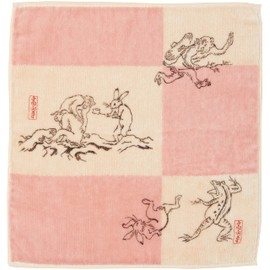YamamotoJin Shoten Japanese Miscellaneous Goods Kyoto Accessories, National Treasure, Chojujujin Figurines Caricature, Jacquard Print Towel, A Pink, Approx. 9.8 x 9.8 inches (25 x 25 cm)