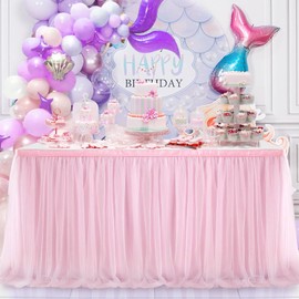 6ft Pink Tulle Table Skirts Baby Shower Tulle Tablecloth for Rectangular Tables Tutu TableSkirt Round Ruffle TableCover with Skirt for Princess Girls Birthday Party Wedding Decorations, 70X30.3inch