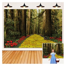 Yellow Brick Road Backdrop 7x5ft Wizard Road Runner Forest Yellow Brick Background Wicked Birthday Red Poppy Field Road Party Background Wizard Movie Party Decorations Banner