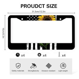 American Flag Sunflower Flower License Plate Frames 2 Pack 2 Holes Aluminum License Plate Cover with 2 Pcs Car Coasters and Screw and Black Screw Caps for Girl Women Men Gifts