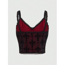 Verdusa Women's Goth Sleeveless Crop Top Lace Patchwork V Neck Cami Tops Black Small