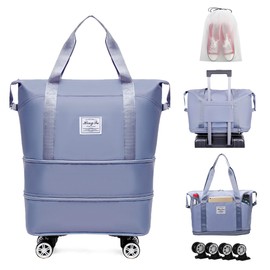 Duffel Bag with Wheels Rolling Duffle Bag Foldable Travel Bag Expandable Carry on Luggage Bag Large Tote Weekender Bags Blue