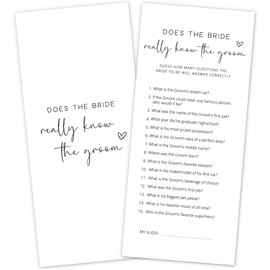 DTLGTG Bridal Shower Game Cards - Does The Bride Really Know The Groom for 25 Guests, Pre-Printed Double Sided 4x9 White Cards for Bachelorette & Wedding Shower Party