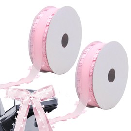 25 mm x 18 m Pink Ribbon with Hearts, Smavles 2 Rolls Gift Ribbon Heart Ribbon, Hearts Organza Ribbon, Tulle Ribbon, Decorative Ribbon for Car, Wedding, Table Decoration, Hair Bow, DIY