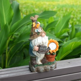 seicasaya Solar Garden Gnome Statue Light, Outdoor Resin Figurine for Yard, Lawn, Patio Decor – Motorcycle or Sunflower Design (Gnome Watering Flower)