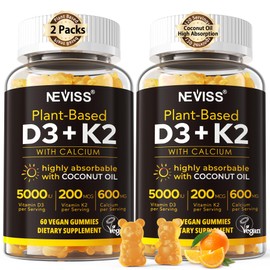 Vitamin D3 5000iu & K2( as MK7 ) 200mcg Gummies + 600mg Calcium, with Coconut Oil for High Absorption, Maximum Strength Vitamin D3 K2 Supplement - Support for Bones Muscle Teeth Immune, Vegan 2Packs