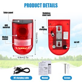 Qualirey 6 Pack Solar Sound and Light Alarm Motion Sensor 129db Outdoor Security Siren Waterproof Motion Activated Detector Alarm 6 LEDs Flash Warning Strobe System for Home, Farm (Red)