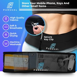 PURSUAL Running Belt with Money & Phone Pouch - Sweatproof Running Phone Holder with Large Capacity - Running Waist Pouch for Men & Women - Perfect Phone Holder for Running & Outdoor Activities