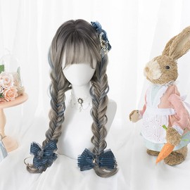 Harajuku Style GAL Wig, Lolita, Cosp Wig, Heat Resistant, Women's (Gray, Blue) Mesh, Long, Curly Hair, Goth Loli, Forest Girl, Cute Princess, Small Face, Party, Costume, Everyday Wig