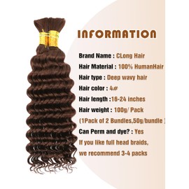Chocolate Brown Human Braiding Hair Deep Wave Bulk, 4# Color No Weft Curly Braiding Hair Extensions for Boho Braids Wet and Wavy Braiding Human Hair Bundles(22inch,#4,100g)