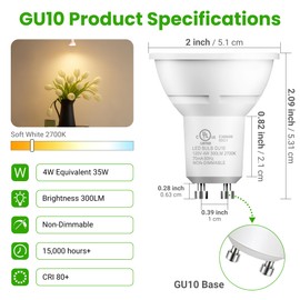 TJOY GU10 LED Light Bulbs Non-Dimmable, 4W, 2700K Warm White, 300LM, Equivalent 35W, 2 Prong GU10 Bulbs Replacement for Recessed Track Lighting, MR16 LED Bulb for Living Room, Range Hood, 12 Pack