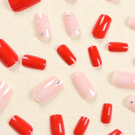 Christmas Press on Nails Almond Medium Cute Fake Nails Design with Snowflake and Rhinestones, Winter Xmas Full Cover Glue on Nails with Glitters, Acrylic Press on False Nails 24Pcs