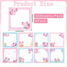 Eiapadeor Axolotl Sticky Notes Gifts - 9 Pack Cute Sticky Notes 3x3 Inch Cute Post it Notepads Gifts for Axolotl Lovers Funny Note Pads Animal Self Stick Pads Office Study Supplies 450 Sheets