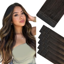 HOTBANANA Invisi Edge Tape in Hair Extensions Human Hair, 16inch 50g 10pcs Invisible & 10pcs Classic Balayage Dark Brown Mixed Chestnut Brown Seamless Tape in Hair Extensions Straight Injected