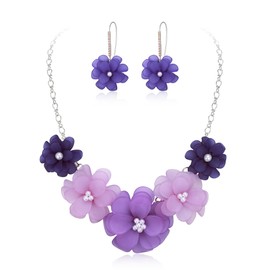 Flyonce Light Purple Flower Statement Necklace Boho Summer Holiday Gifts Beach Party Floral Collar Necklaces with Earrings for Women Bib Set Costume Jewelry