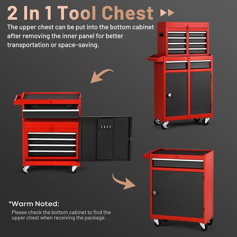 HOMGX 5-Drawer Tool Combination Cabinet, Rolling Toolbox w/Detachable Top &