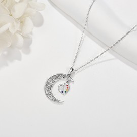 URONE Artist Paint Palette and Brush Necklace Sterling Silver Paint Palette Celtic Moon Pendant Necklace Painters Art Teachers Jewellery Gifts for Women