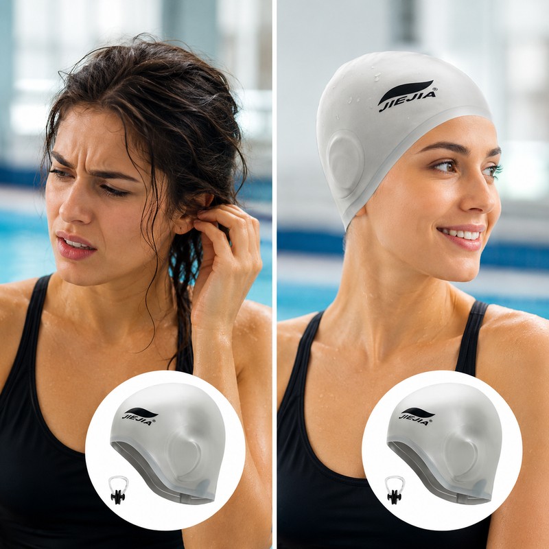 Silicone Swim Cap with Ear Protection for Swimming – Comfortable
